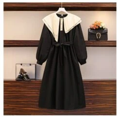 L-4XL Plus Size Green Black Double Collar Lantern Long Sleeve Dress EG16877 -EgrilDoll Fashion Outlet Store l 4xl plus size green black double collar lantern long sleeve dress eg16877 604