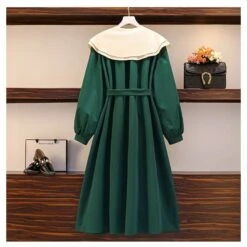 L-4XL Plus Size Green Black Double Collar Lantern Long Sleeve Dress EG16877 -EgrilDoll Fashion Outlet Store l 4xl plus size green black double collar lantern long sleeve dress eg16877 669