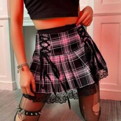 Lace Up Goth Y2K Pink Stripe Plaid Lace Trim Pleated Skirt EG282