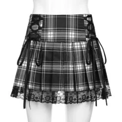 Lace Up Goth Y2K Pink Stripe Plaid Lace Trim Pleated Skirt EG282 -EgrilDoll Fashion Outlet Store lace up goth y2k pink stripe plaid trim pleated skirt eg282 337