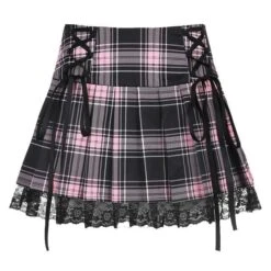Lace Up Goth Y2K Pink Stripe Plaid Lace Trim Pleated Skirt EG282 -EgrilDoll Fashion Outlet Store lace up goth y2k pink stripe plaid trim pleated skirt eg282 s 219