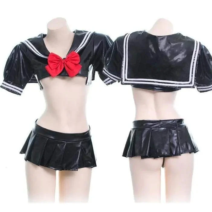Leather Balck Bow School Uniform Lingerie EG14775 1 Leather Balck Bow School Uniform Lingerie EG14775