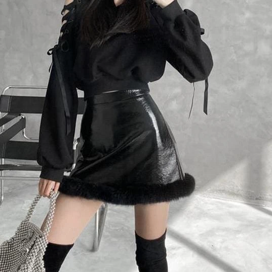 Leather Plush A-line Short Skirt EE0659 2 Leather Plush A-line Short Skirt EE0659 - Image 2