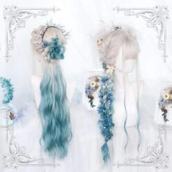 Lolita White Silver Gradiente Blue Long Curly Wig EG16494