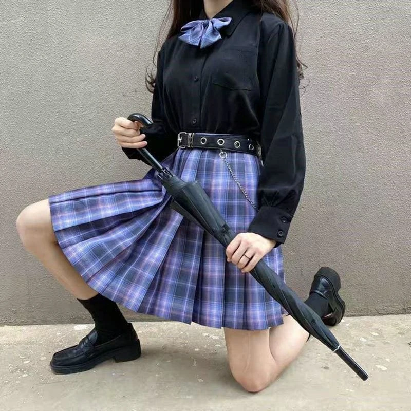 Long/Short Sleeve High Waist Plaid Pleated Skirts JK School Uniform SS0810 4 Long/Short Sleeve High Waist Plaid Pleated Skirts JK School Uniform SS0810 - Image 4