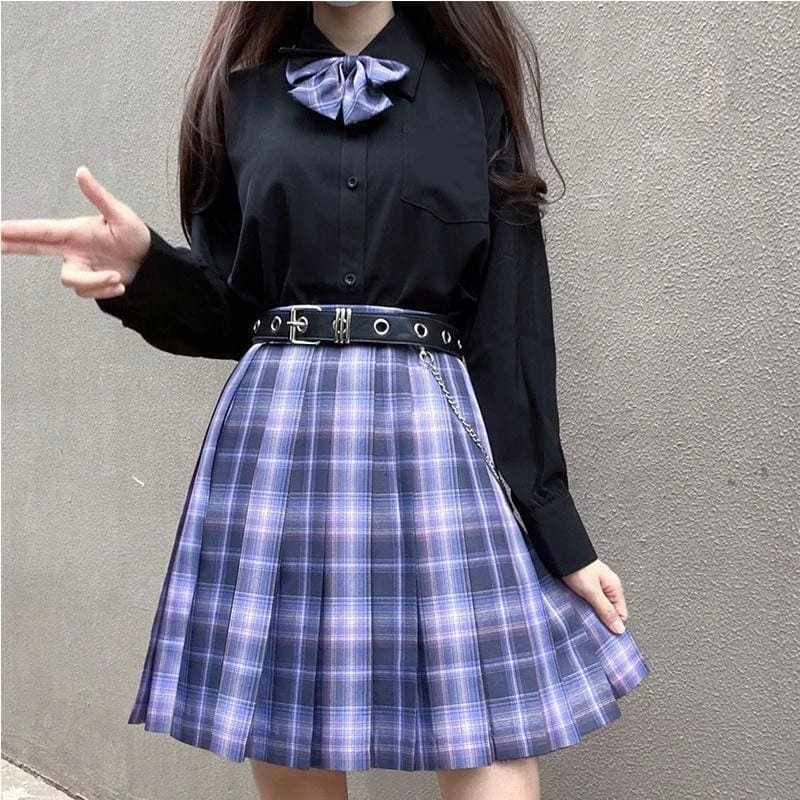 Long/Short Sleeve High Waist Plaid Pleated Skirts JK School Uniform SS0810 2 Long/Short Sleeve High Waist Plaid Pleated Skirts JK School Uniform SS0810 - Image 2