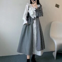 M-4XL Plus Size Plaid Long Sleeve Ruffles Irregular Dress BE371