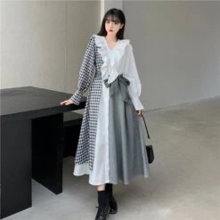 M-4XL Plus Size Plaid Long Sleeve Ruffles Irregular Dress BE371 -EgrilDoll Fashion Outlet Store m 4xl plus size plaid long sleeve ruffles irregular dress be371 669