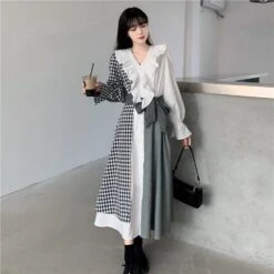 M-4XL Plus Size Plaid Long Sleeve Ruffles Irregular Dress BE371 -EgrilDoll Fashion Outlet Store m 4xl plus size plaid long sleeve ruffles irregular dress be371 689