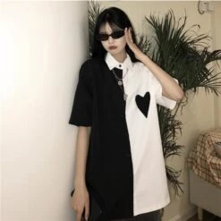 Monochrome Love Heart White Black Long Shirt EE0867 -EgrilDoll Fashion Outlet Store monochrome love heart white black long shirt ee0867 blackwhite top 366