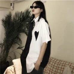 Monochrome Love Heart White Black Long Shirt EE0867 -EgrilDoll Fashion Outlet Store monochrome love heart white black long shirt ee0867 blackwhite top 410
