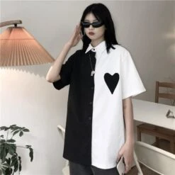 Monochrome Love Heart White Black Long Shirt EE0867 -EgrilDoll Fashion Outlet Store monochrome love heart white black long shirt ee0867 blackwhite top 598