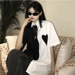 Monochrome Love Heart White Black Long Shirt EE0867 -EgrilDoll Fashion Outlet Store monochrome love heart white black long shirt ee0867 blackwhite top 781