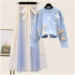Moon And Stars Kawaii Pastel Sweater Tulle Skirt Two Pieces Set ON233 14 Moon And Stars Kawaii Pastel Sweater Tulle Skirt Two Pieces Set ON233 -EgrilDoll Fashion Outlet Store moon and stars kawaii pastel sweater tulle skirt two pieces set on233 blue with dress 715