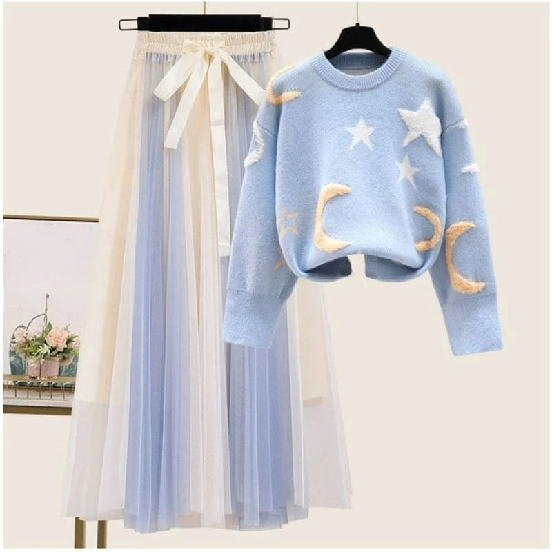 Moon And Stars Kawaii Pastel Sweater Tulle Skirt Two Pieces Set ON233 7 Moon And Stars Kawaii Pastel Sweater Tulle Skirt Two Pieces Set ON233 - Image 7