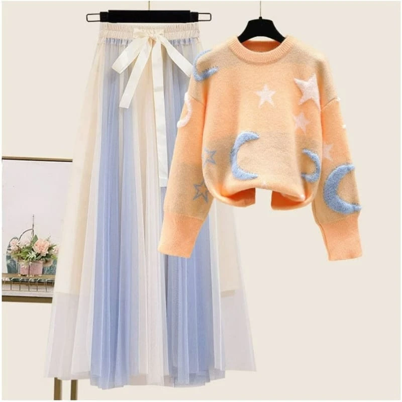 Moon And Stars Kawaii Pastel Sweater Tulle Skirt Two Pieces Set ON233 6 Moon And Stars Kawaii Pastel Sweater Tulle Skirt Two Pieces Set ON233 - Image 6