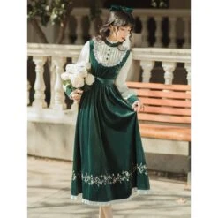 Palace Style Elegant Retro Cute Ruffled Stand-up Collar Green Dress BE439