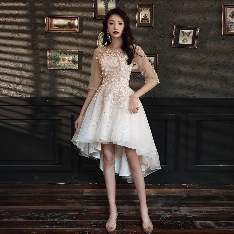 Party Dresses Elegant O-neck Appliques Short Front Long Back Prom Dresses SS1833 3 Party Dresses Elegant O-neck Appliques Short Front Long Back Prom Dresses SS1833 - Image 3