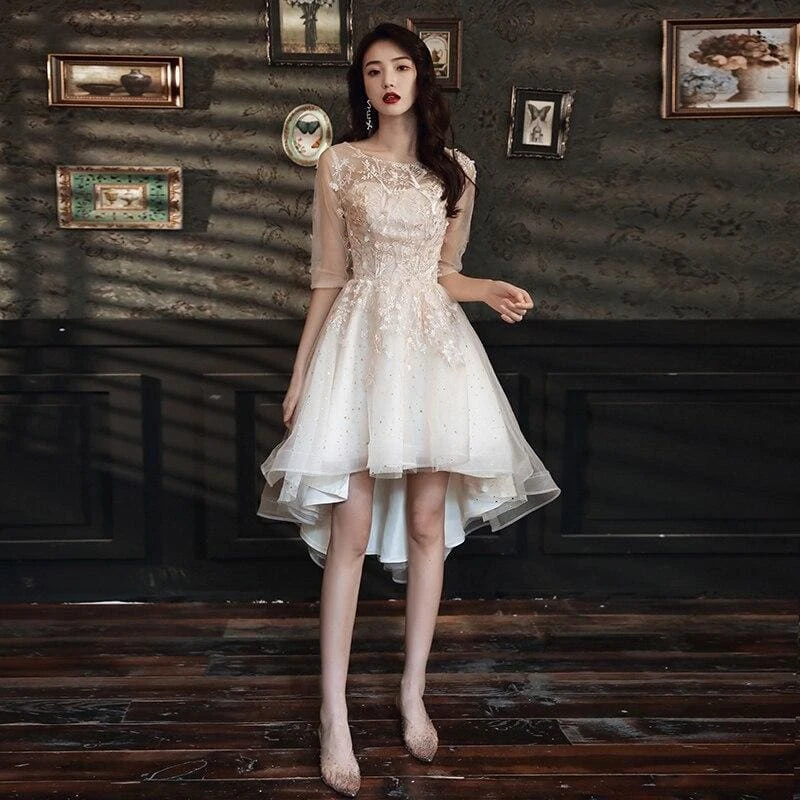 Party Dresses Elegant O-neck Appliques Short Front Long Back Prom Dresses SS1833 2 Party Dresses Elegant O-neck Appliques Short Front Long Back Prom Dresses SS1833 - Image 2