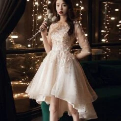 Party Dresses Elegant O-neck Appliques Short Front Long Back Prom Dresses SS1833