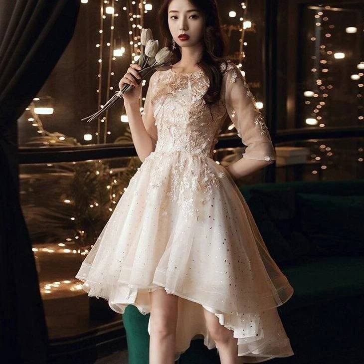 Party Dresses Elegant O-neck Appliques Short Front Long Back Prom Dresses SS1833 1 Party Dresses Elegant O-neck Appliques Short Front Long Back Prom Dresses SS1833