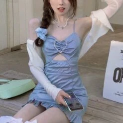 Perfect Summer Sweet Fashion Blue Sleeveles Ruffles Mini Dress EG17083