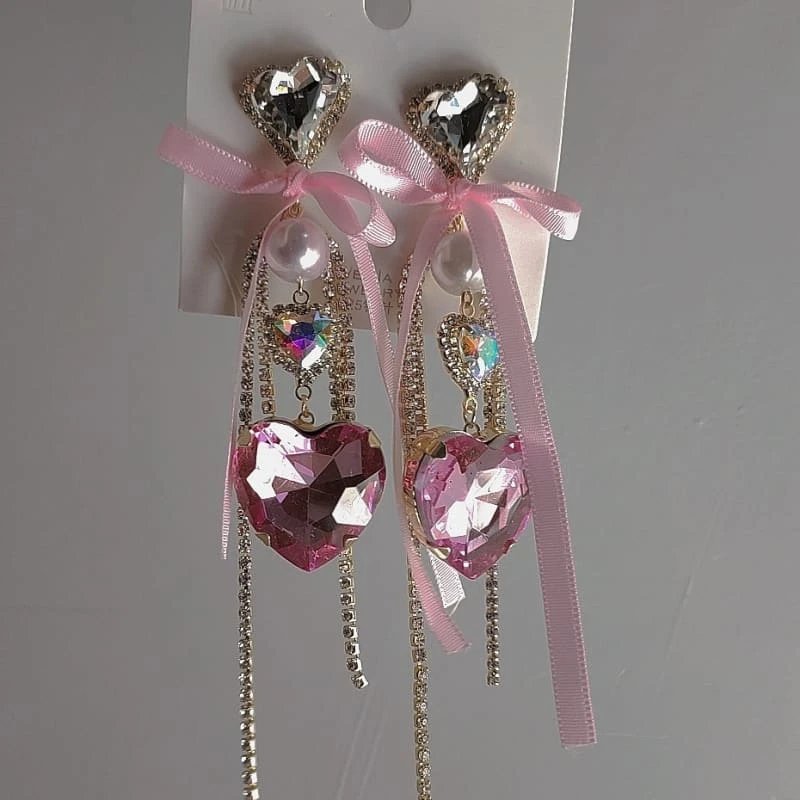 Pink Heart Shaped Bow Earrings ON472 3 Pink Heart Shaped Bow Earrings ON472 - Image 3