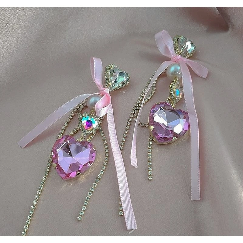 Pink Heart Shaped Bow Earrings ON472 2 Pink Heart Shaped Bow Earrings ON472 - Image 2
