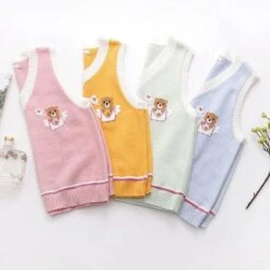 Pink Knitted Vest Bear Embroidery Sweater SP16496 -EgrilDoll Fashion Outlet Store pink knitted vest bear embroidery sweater sp16496 193