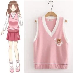Pink Knitted Vest Bear Embroidery Sweater SP16496