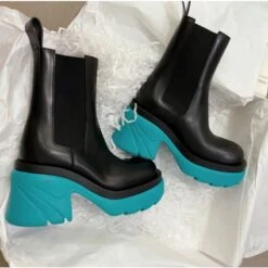Pink/Blue/Green/Black Warm Round Toe Thick-soled Square Heel Boots BE490