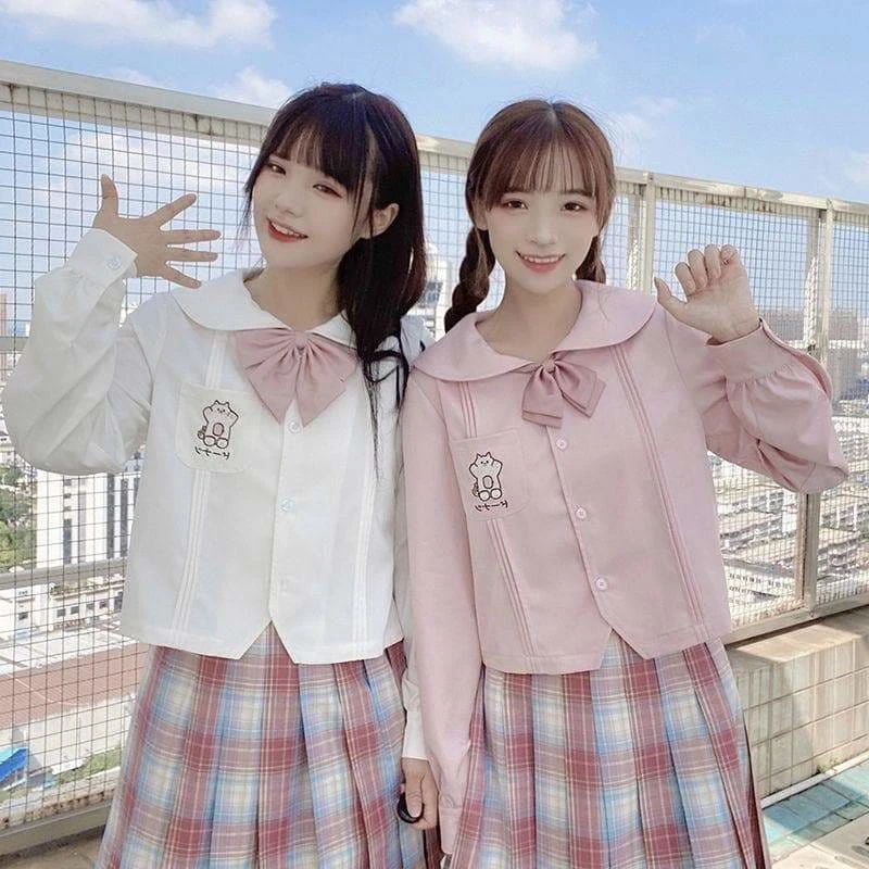 Pink/White Kawaii Embroidery Cute Cat Long Sleeve Sailor Shirt SS1880 1 Pink/White Kawaii Embroidery Cute Cat Long Sleeve Sailor Shirt SS1880