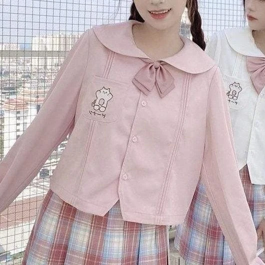 Pink/White Kawaii Embroidery Cute Cat Long Sleeve Sailor Shirt SS1880 2 Pink/White Kawaii Embroidery Cute Cat Long Sleeve Sailor Shirt SS1880 - Image 2