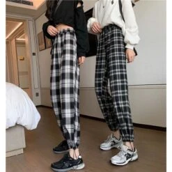 Plaid Check Elastic Waist Harem Pants -EgrilDoll Fashion Outlet Store plaid check elastic waist harem pants 713