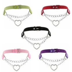 Punk Gothic Leather Choker Metal Chain Heart Necklace EG062