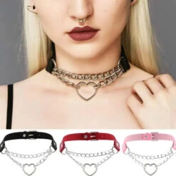 Punk Gothic Leather Choker Metal Chain Heart Necklace EG062 -EgrilDoll Fashion Outlet Store punk gothic leather choker metal chain heart necklace eg062 887