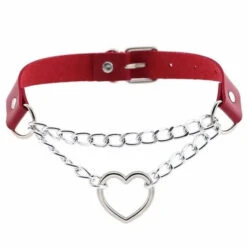 Punk Gothic Leather Choker Metal Chain Heart Necklace EG062 -EgrilDoll Fashion Outlet Store punk gothic leather choker metal chain heart necklace eg062 red 838