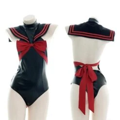 Punk Lolita PU Sailor Collar Turtleneck Bow Bandage Backless Bodysuits EG374