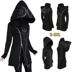Punk Style Print Double Zipper Long Black Gothic Hoodie EG17330