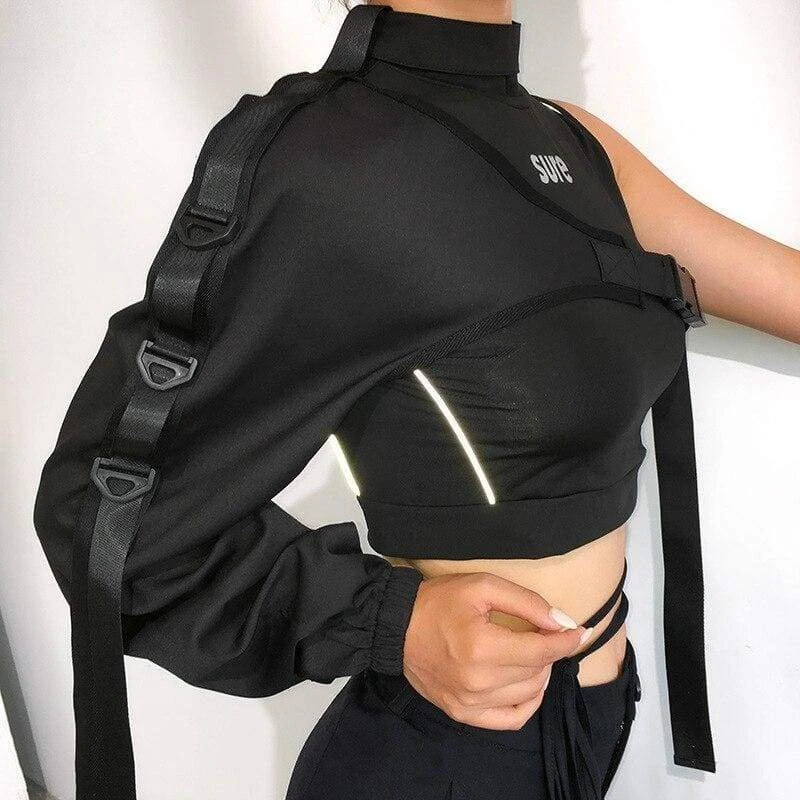 Reflective Patchwork Pullover One Shoulder Long Sleeve Crop Top EG16933 2 Reflective Patchwork Pullover One Shoulder Long Sleeve Crop Top EG16933 - Image 2