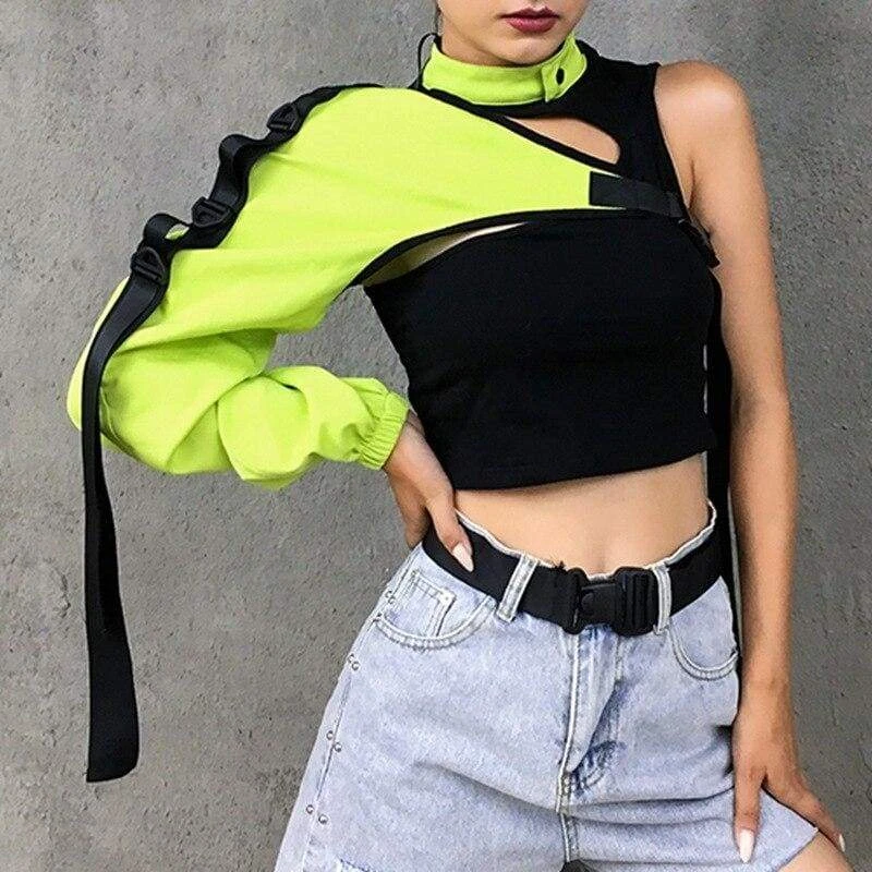 Reflective Patchwork Pullover One Shoulder Long Sleeve Crop Top EG16933 3 Reflective Patchwork Pullover One Shoulder Long Sleeve Crop Top EG16933 - Image 3