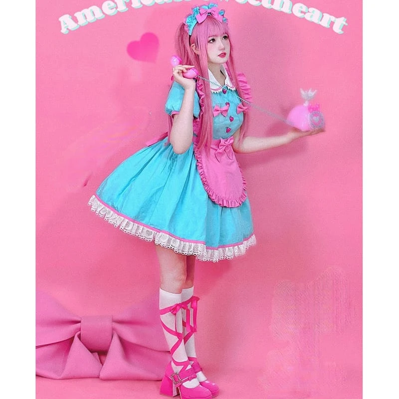 Retro Neon Bubble Gum Rollerskate Maid Lolita Dress ON591 1 Retro Neon Bubble Gum Rollerskate Maid Lolita Dress ON591