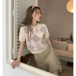 Retro Y2K Knitted Polo Neck Short Sleeve Crop Top BE148 -EgrilDoll Fashion Outlet Store retro y2k knitted polo neck short sleeve crop top be148 478