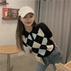 Retro Y2K Knitted Polo Neck Short Sleeve Crop Top BE148 -EgrilDoll Fashion Outlet Store retro y2k knitted polo neck short sleeve crop top be148 669