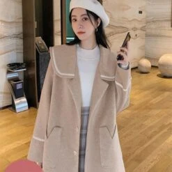 S-3XL Plus Size Dark Academia College Style Sailor Collar Woolen Coat BE379