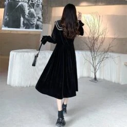 S-4XL Plus Size Black Red Long Sleeve Sweet Navy Collar Velvet Dress BE364 -EgrilDoll Fashion Outlet Store s 4xl plus size black red long sleeve sweet navy collar velvet dress be364 253