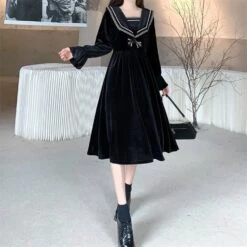 S-4XL Plus Size Black Red Long Sleeve Sweet Navy Collar Velvet Dress BE364 -EgrilDoll Fashion Outlet Store s 4xl plus size black red long sleeve sweet navy collar velvet dress be364 797