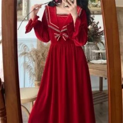 S-4XL Plus Size Black Red Long Sleeve Sweet Navy Collar Velvet Dress BE364 -EgrilDoll Fashion Outlet Store s 4xl plus size black red long sleeve sweet navy collar velvet dress be364 809