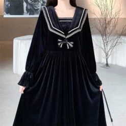 S-4XL Plus Size Black Red Long Sleeve Sweet Navy Collar Velvet Dress BE364 -EgrilDoll Fashion Outlet Store s 4xl plus size black red long sleeve sweet navy collar velvet dress be364 976