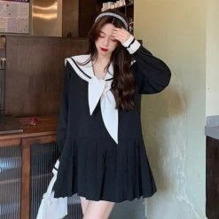 S-XL Plus Size Black/White Sailor Collar Bow Tie Pleated Sweet Dress BE380